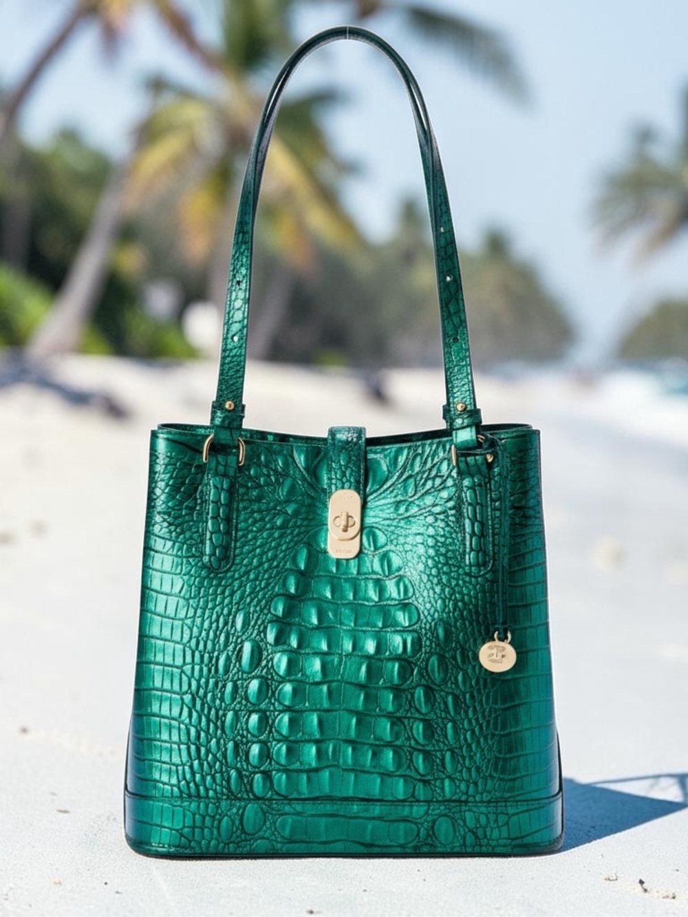 NWT Brahmin Mystic Green Croc-Embossed Fiora Bucket Bag